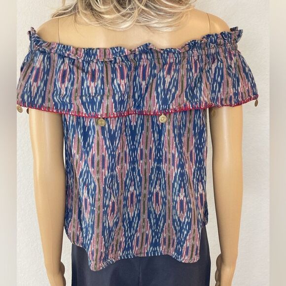 THML XS Ikat Off Shoulder Flutter Sleeve Coin Tassel Boho Cropped Top - Picture 7 of 12